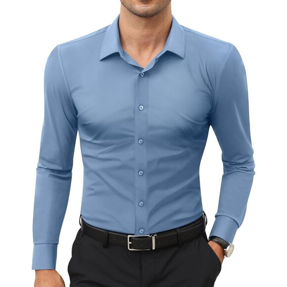 Men Baby Blue Long Sleeve Slim Muscle Fit Wrinkle Free Button Down Dress Shirts - Picture 1 of 9